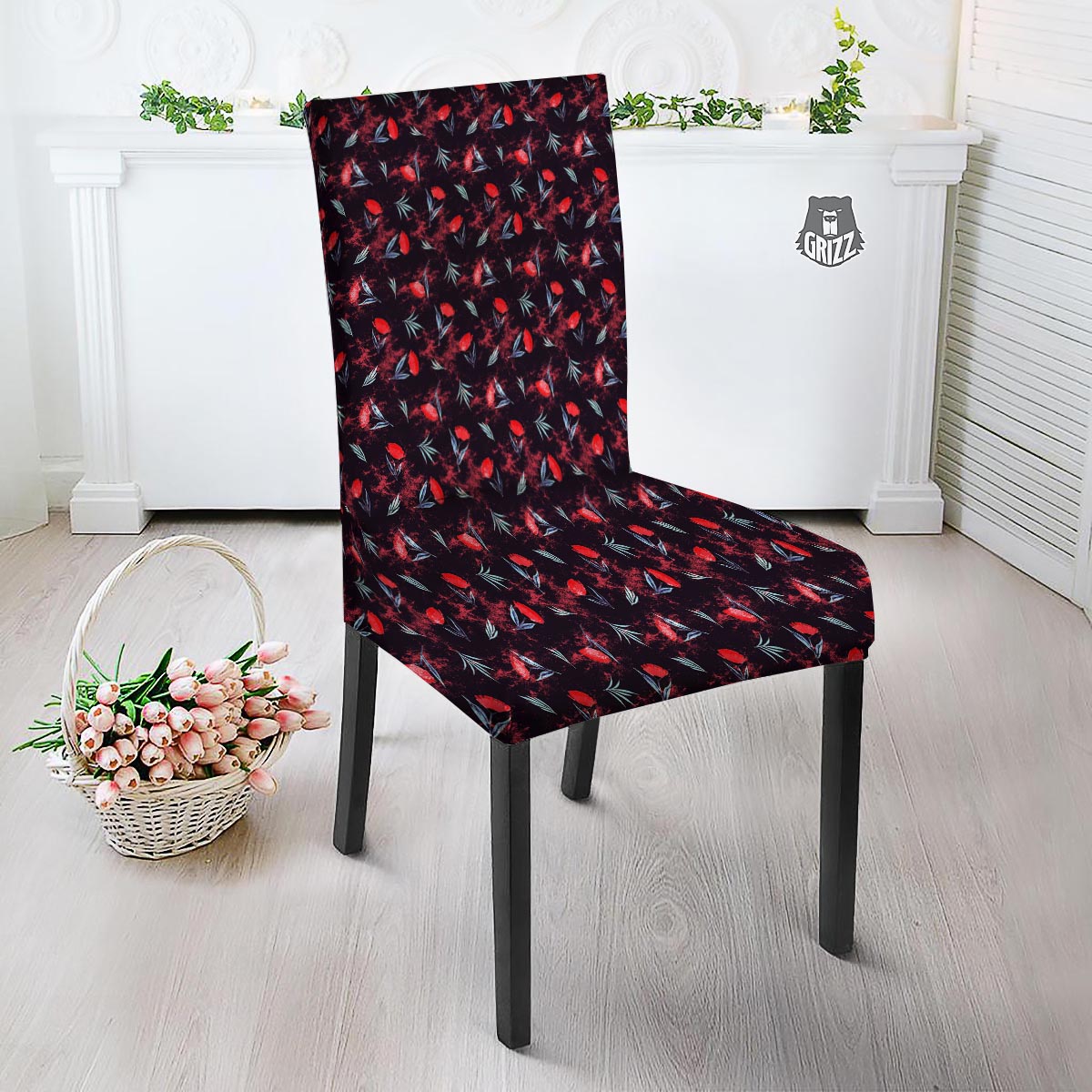 Carnation Black And Red Print Pattern Dining Chair Slipcover-grizzshop