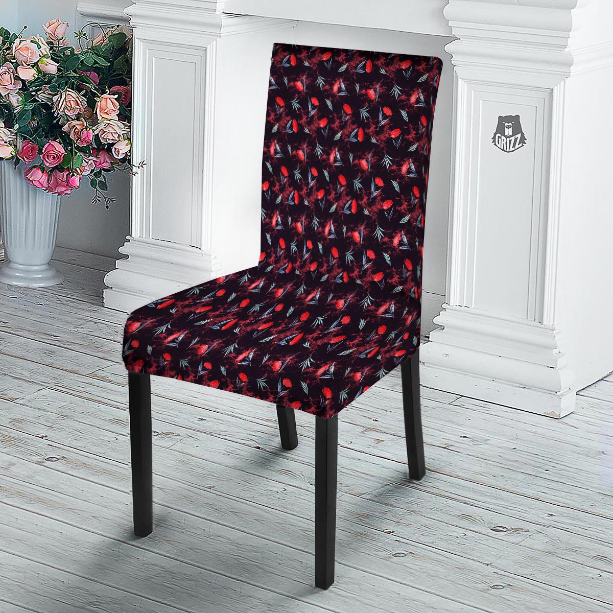 Carnation Black And Red Print Pattern Dining Chair Slipcover-grizzshop