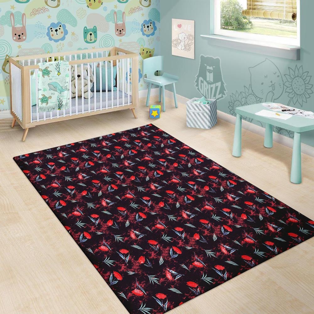 Carnation Black And Red Print Pattern Floor Mat-grizzshop