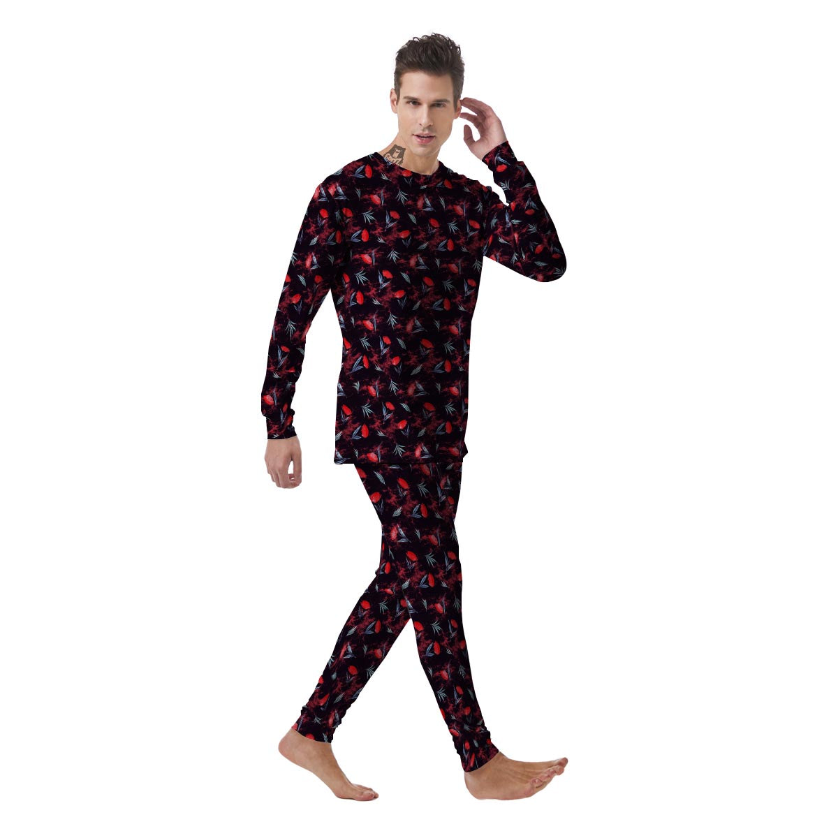 Carnation Black And Red Print Pattern Men's Pajamas-grizzshop