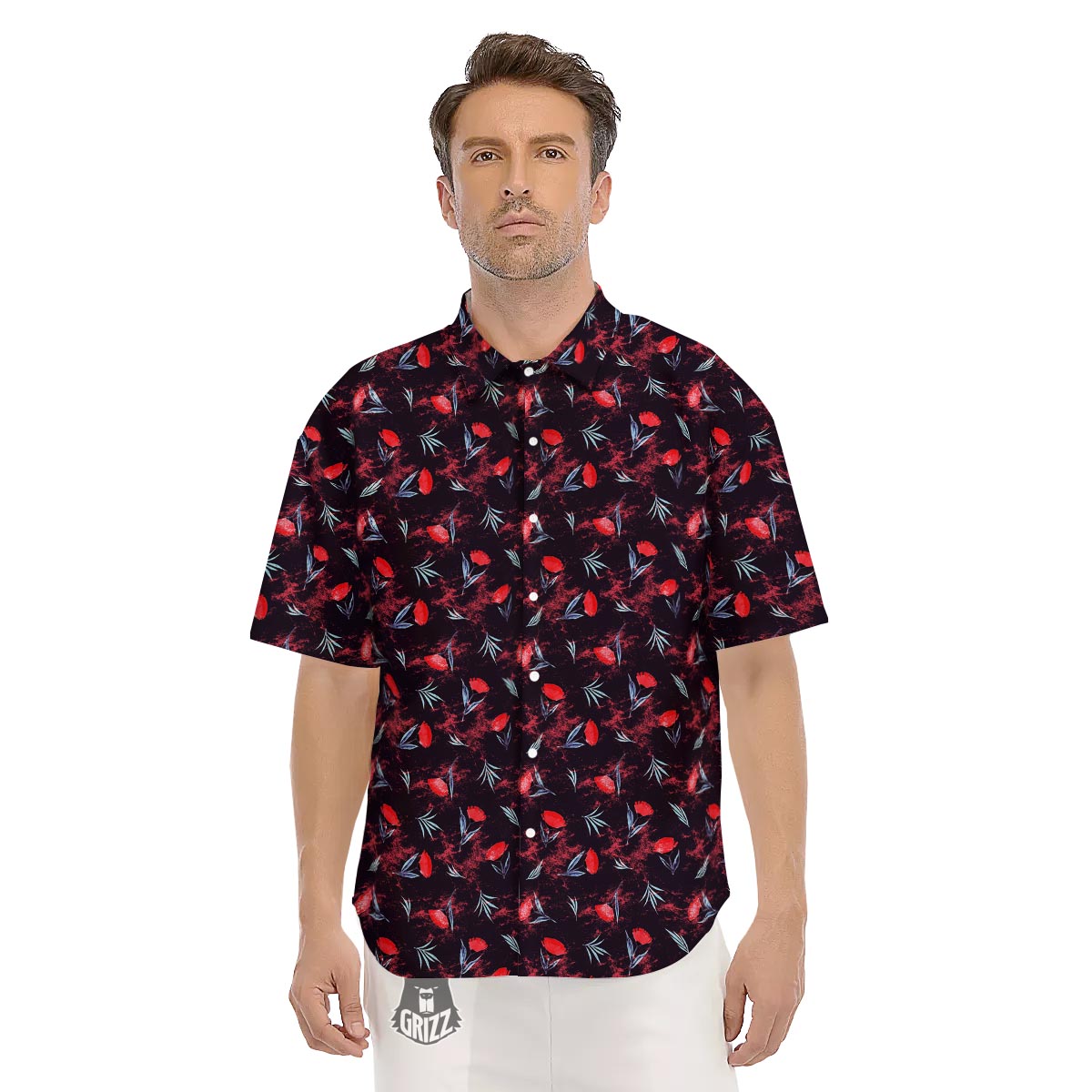 Carnation Black And Red Print Pattern Men's Short Sleeve Shirts-grizzshop