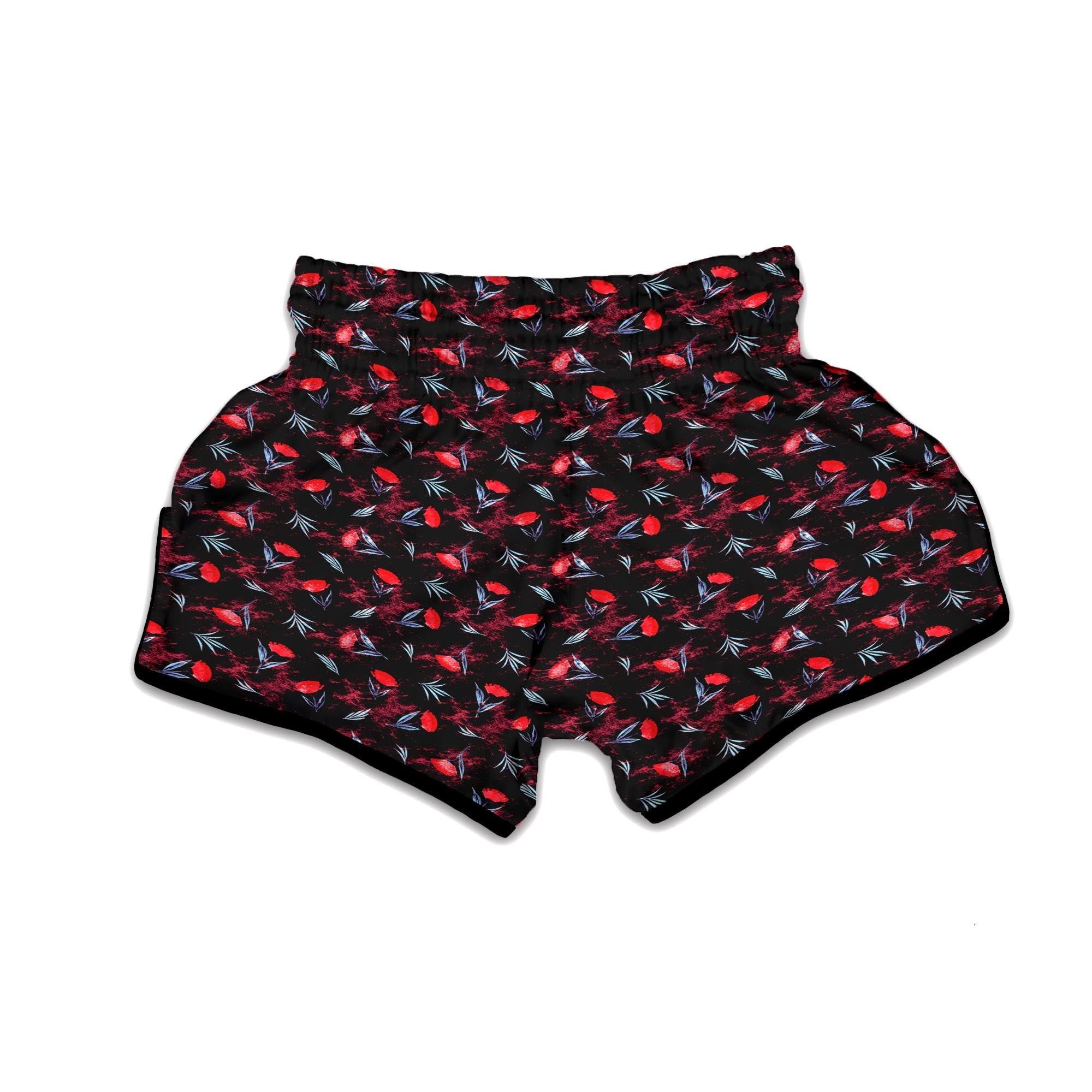 Carnation Black And Red Print Pattern Muay Thai Boxing Shorts-grizzshop