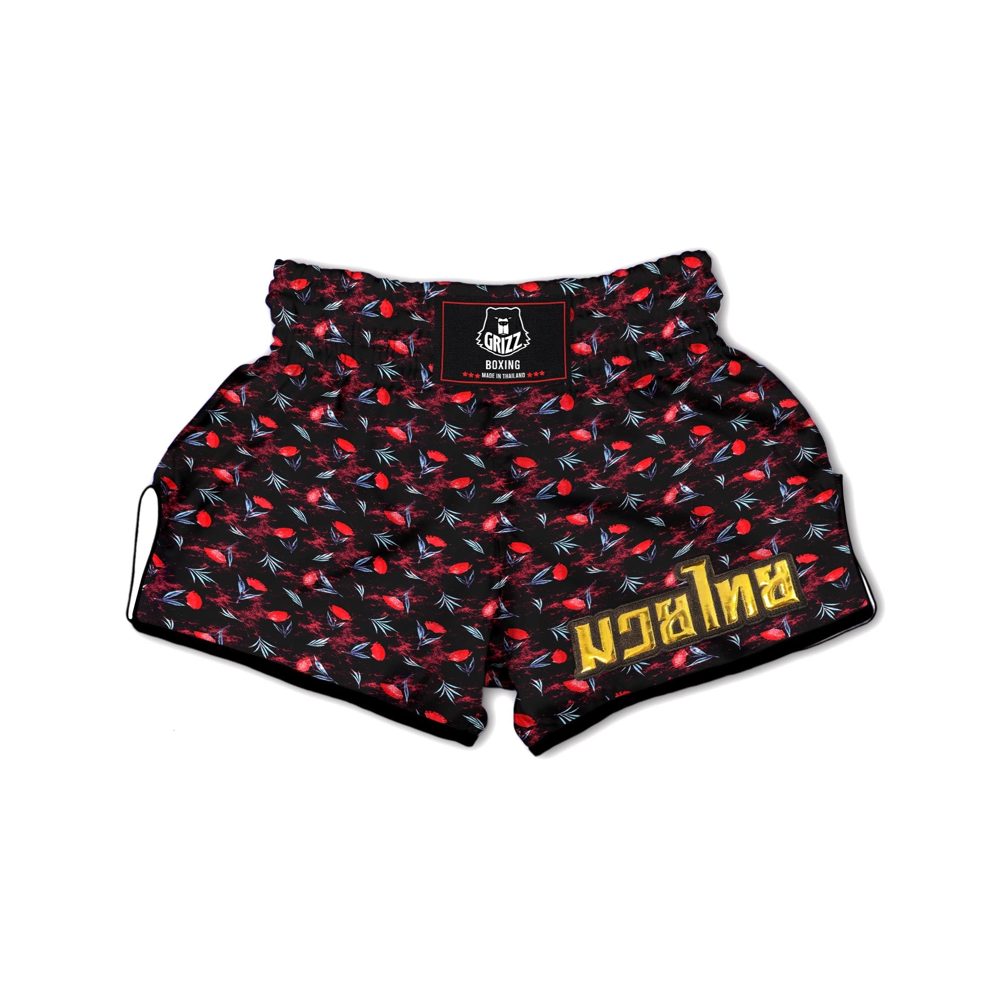Carnation Black And Red Print Pattern Muay Thai Boxing Shorts-grizzshop