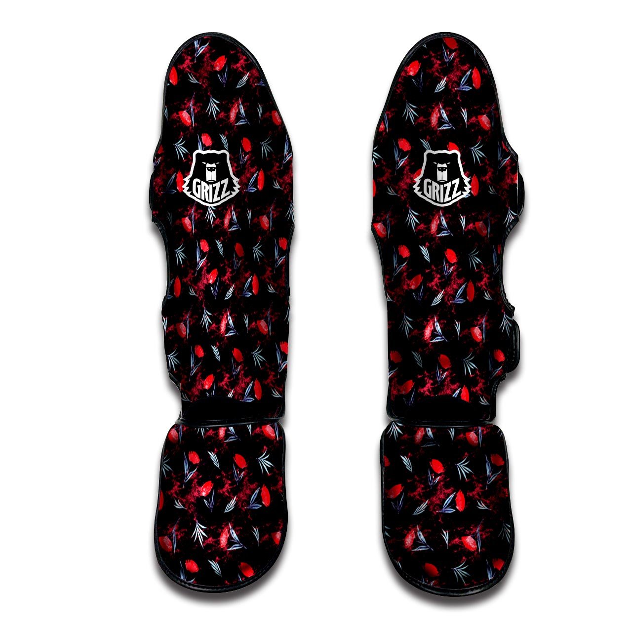 Carnation Black And Red Print Pattern Muay Thai Shin Guards-grizzshop