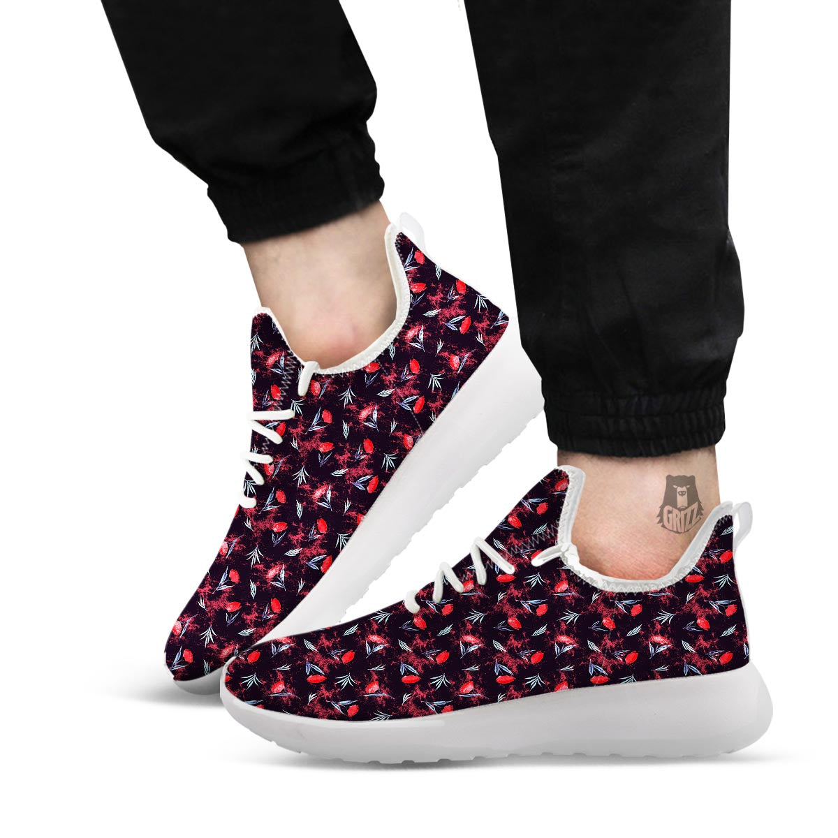 Carnation Black And Red Print Pattern White Athletic Shoes-grizzshop