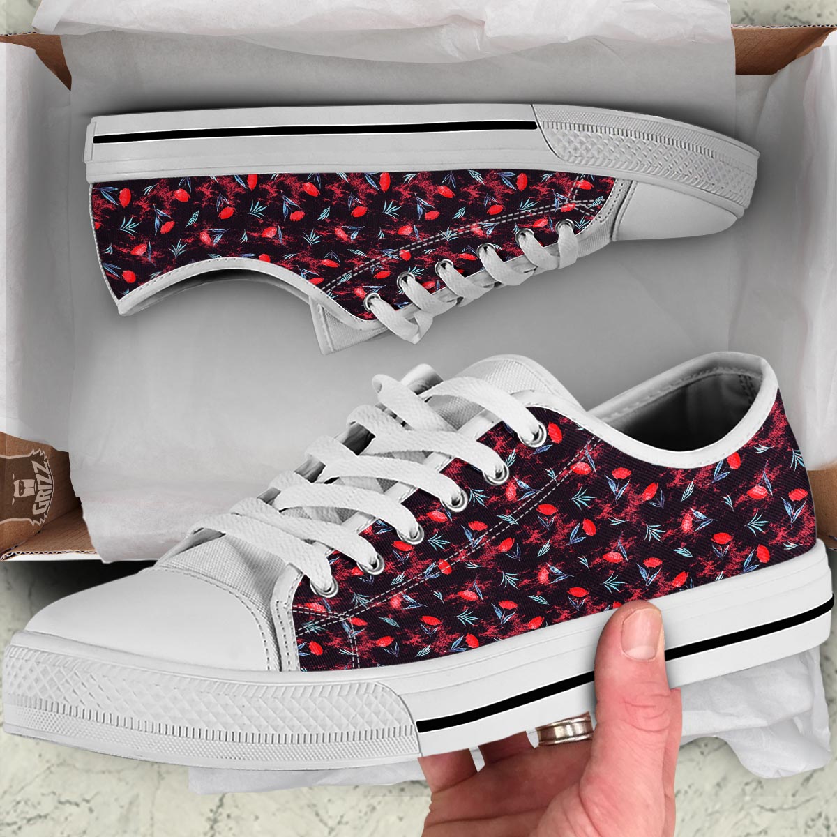 Carnation Black And Red Print Pattern White Low Top Shoes-grizzshop