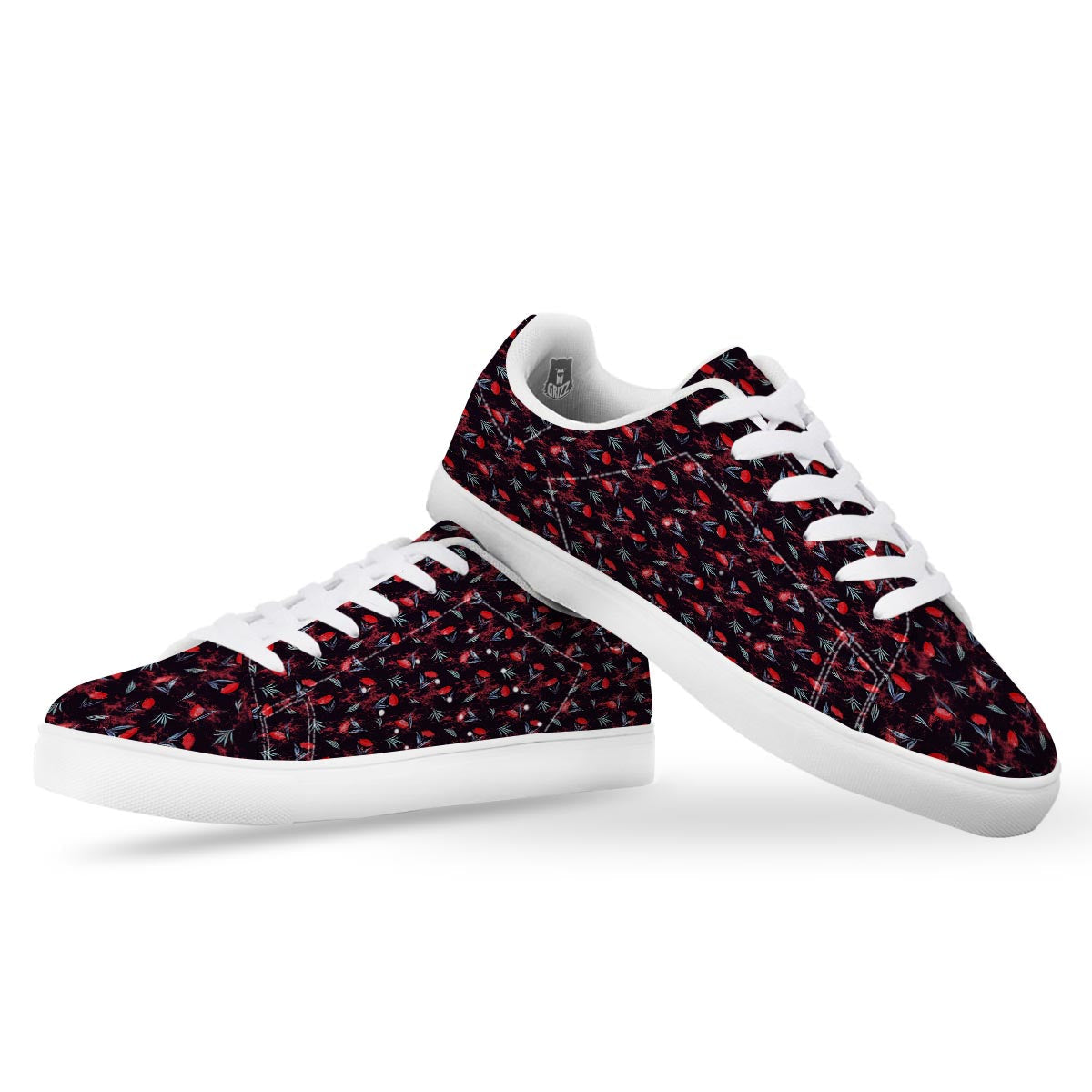 Carnation Black And Red Print Pattern White Low Top Sneakers-grizzshop