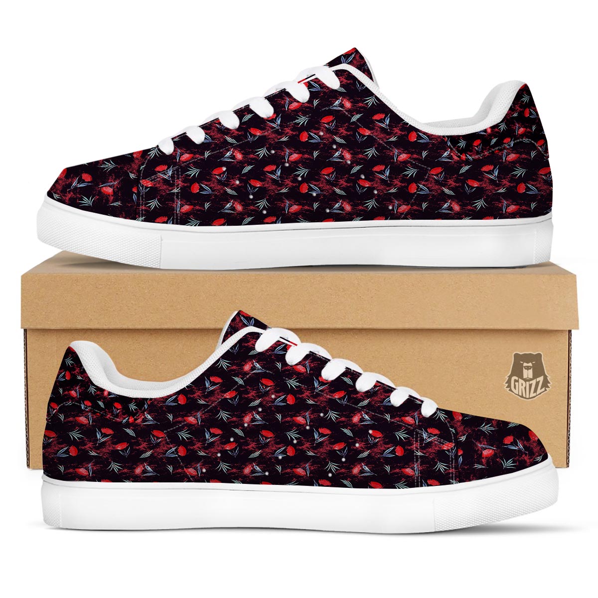 Carnation Black And Red Print Pattern White Low Top Sneakers-grizzshop