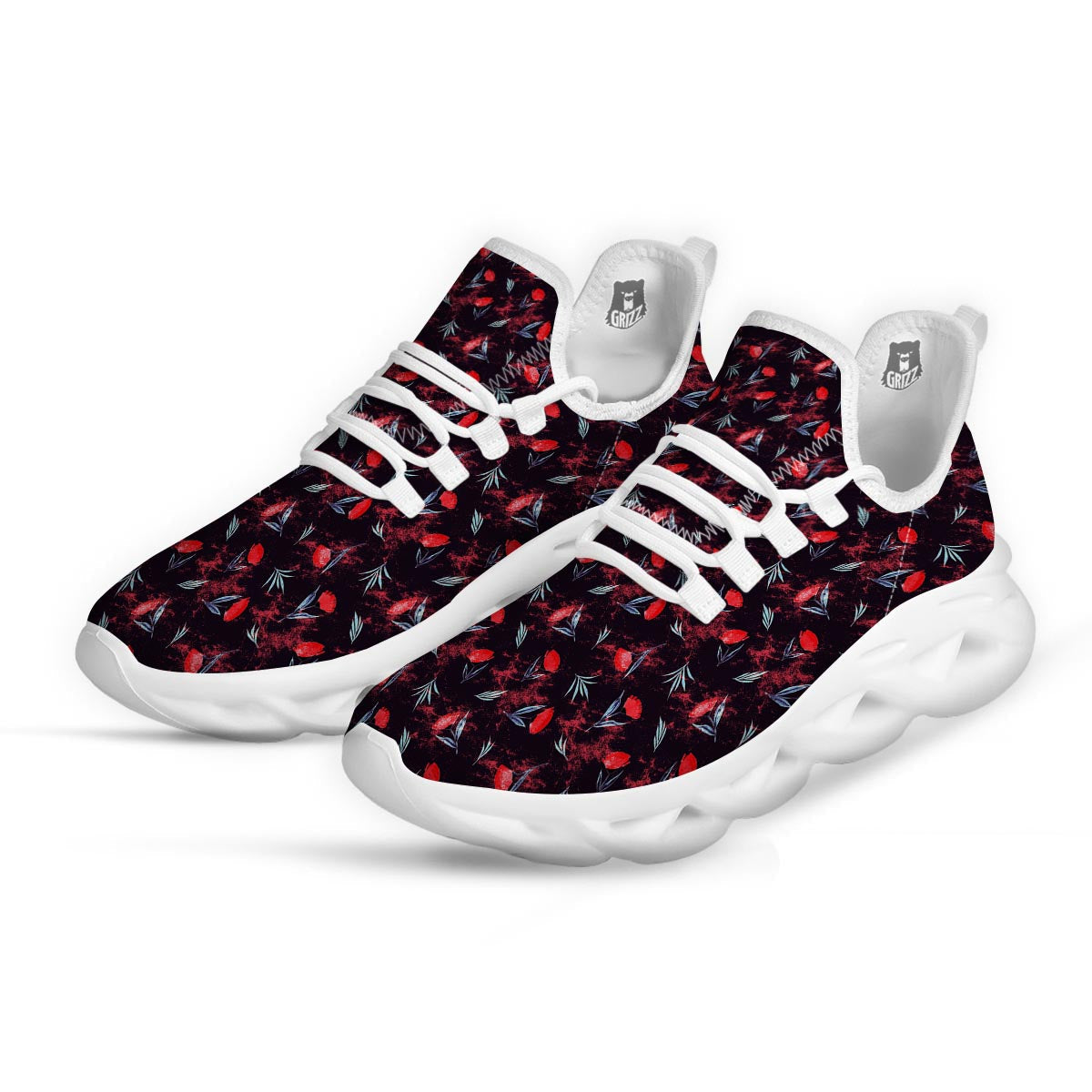 Carnation Black And Red Print Pattern White Running Shoes-grizzshop