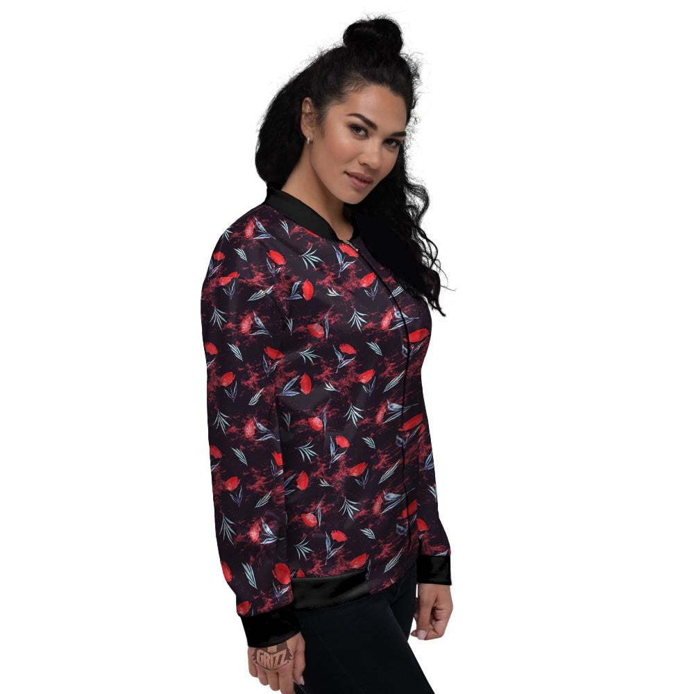 Carnation Black And Red Print Pattern Women's Bomber Jacket-grizzshop