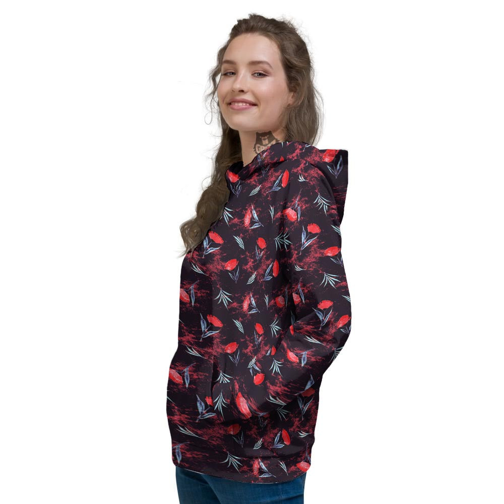 Carnation Black And Red Print Pattern Women's Hoodie-grizzshop