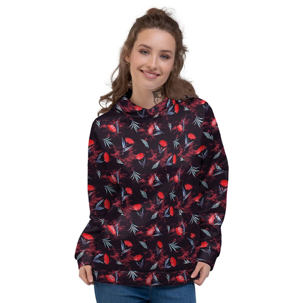 Carnation Black And Red Print Pattern Women's Hoodie-grizzshop