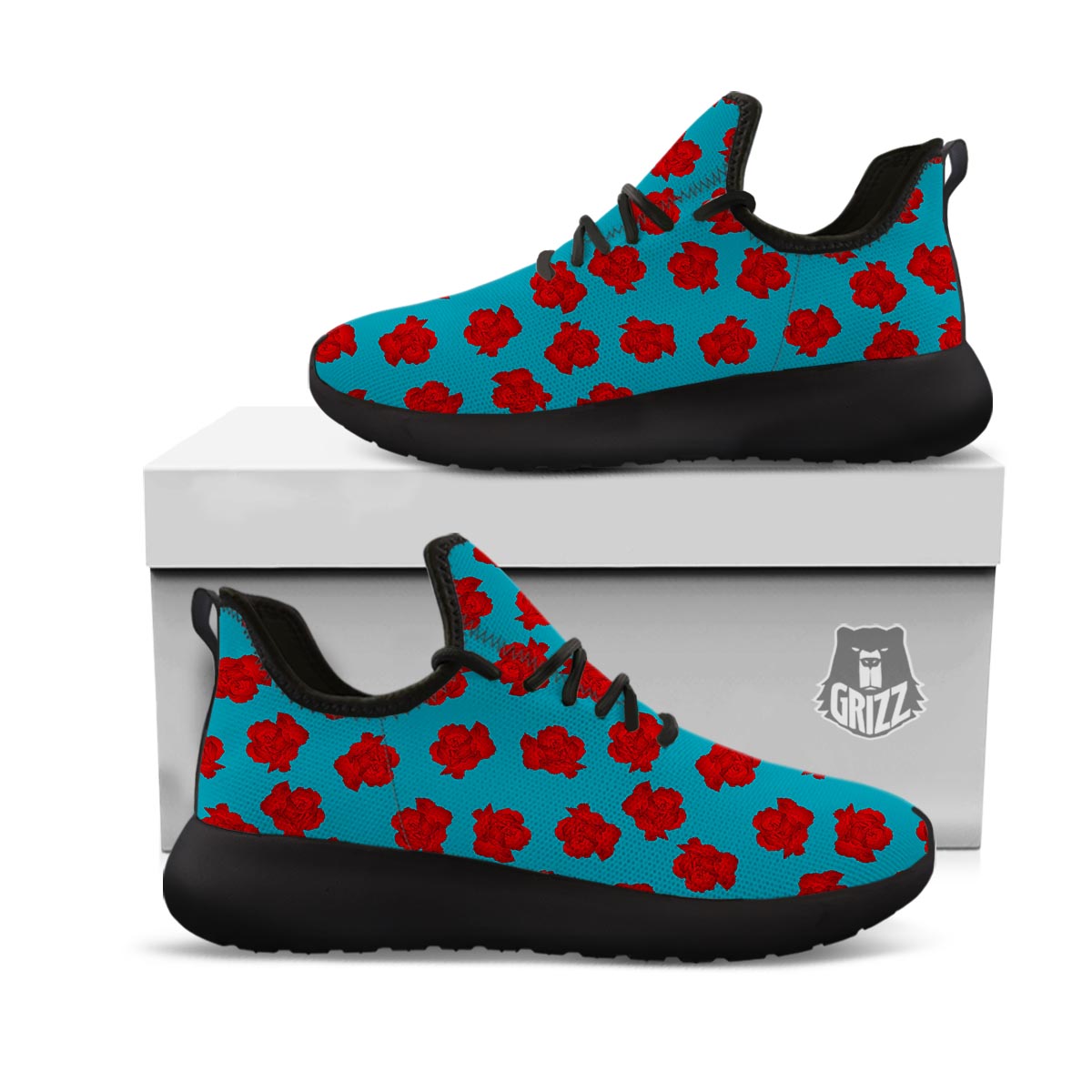 Carnation Blue And Red Print Pattern Black Athletic Shoes-grizzshop
