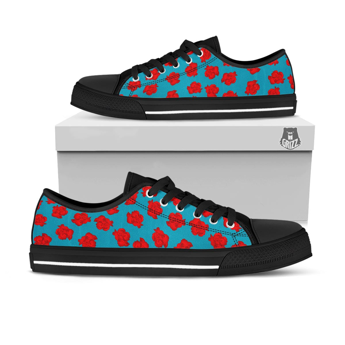 Carnation Blue And Red Print Pattern Black Low Top Shoes-grizzshop
