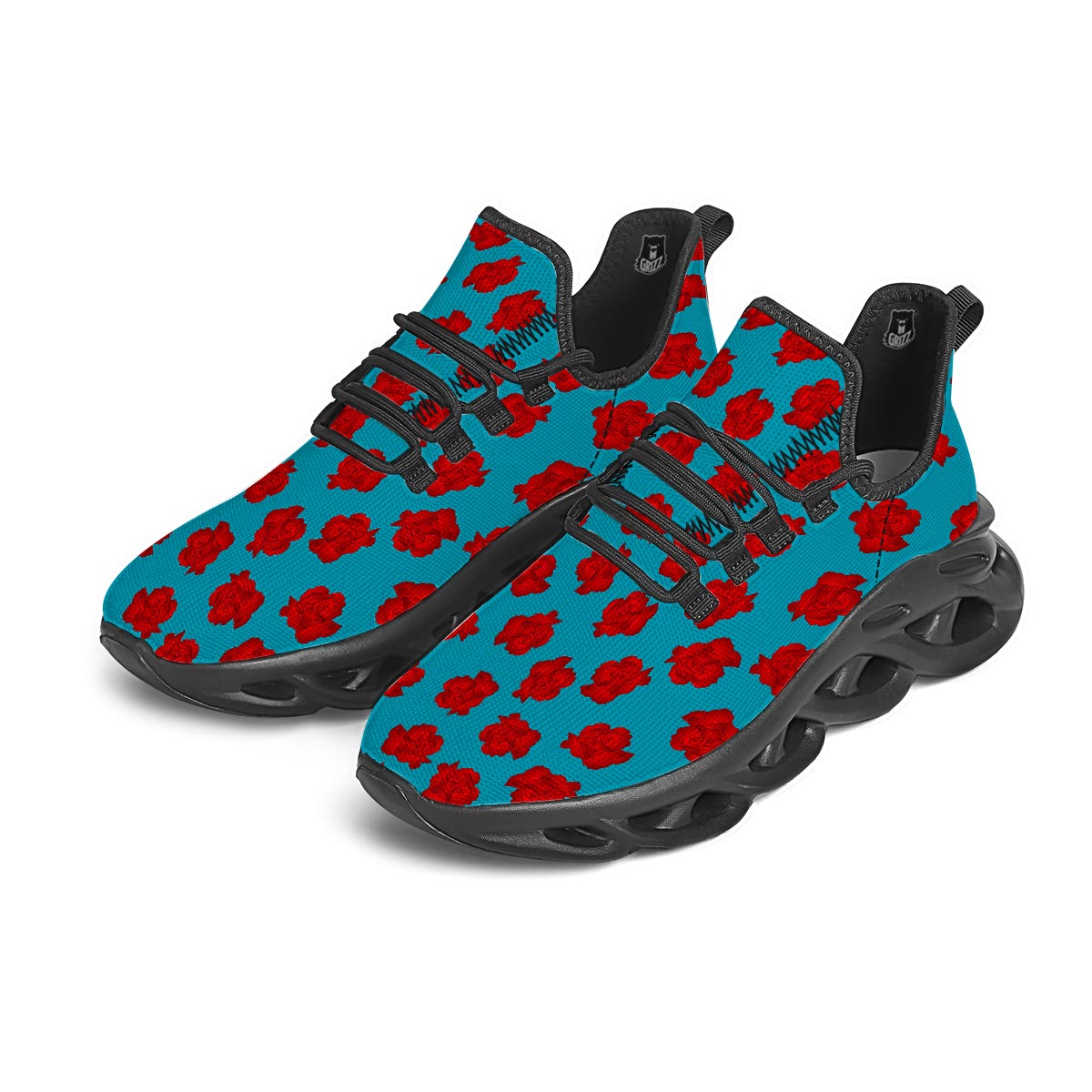 Carnation Blue And Red Print Pattern Black Running Shoes-grizzshop