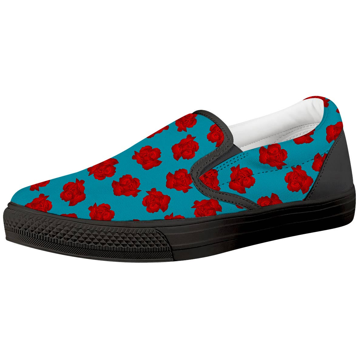 Carnation Blue And Red Print Pattern Black Slip On Shoes-grizzshop