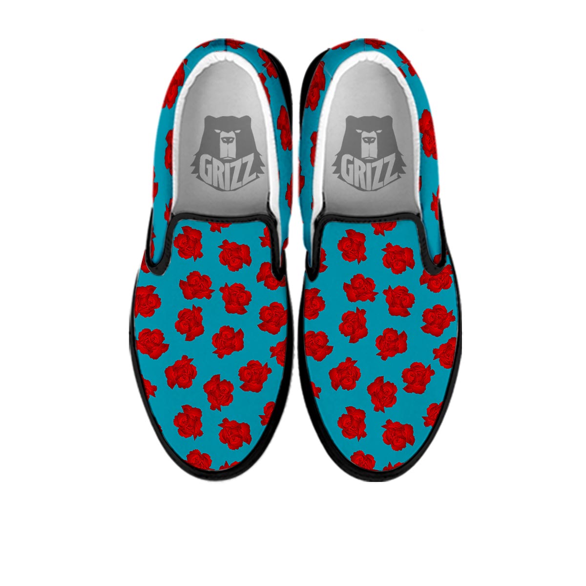 Carnation Blue And Red Print Pattern Black Slip On Shoes-grizzshop