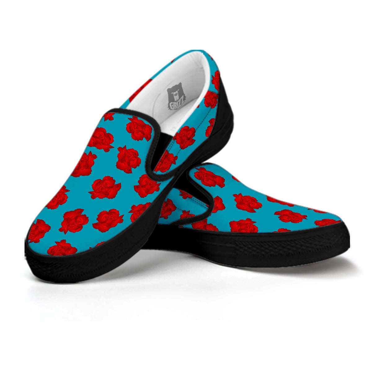 Carnation Blue And Red Print Pattern Black Slip On Shoes-grizzshop