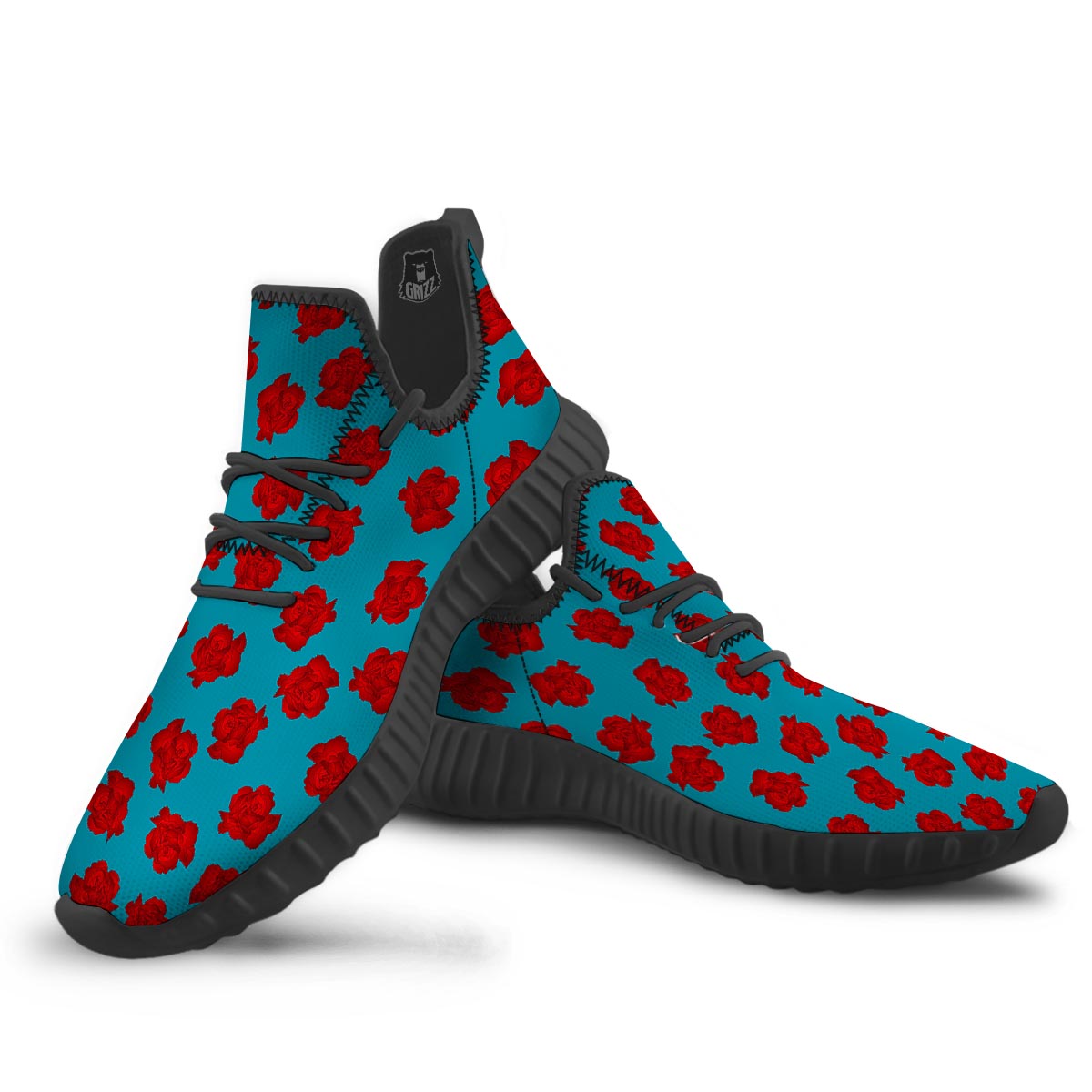 Carnation Blue And Red Print Pattern Black Walking Shoes-grizzshop