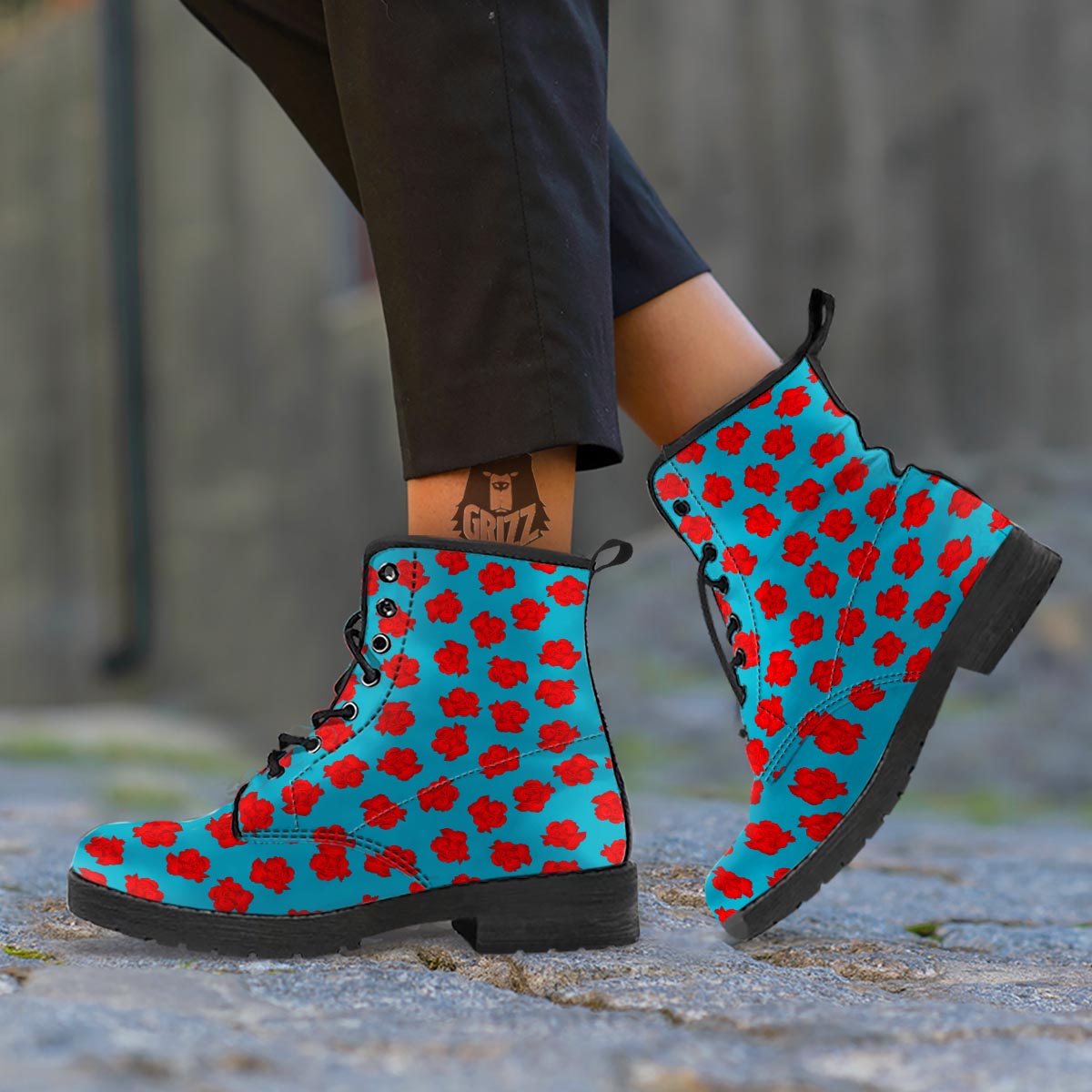 Carnation Blue And Red Print Pattern Leather Boots-grizzshop