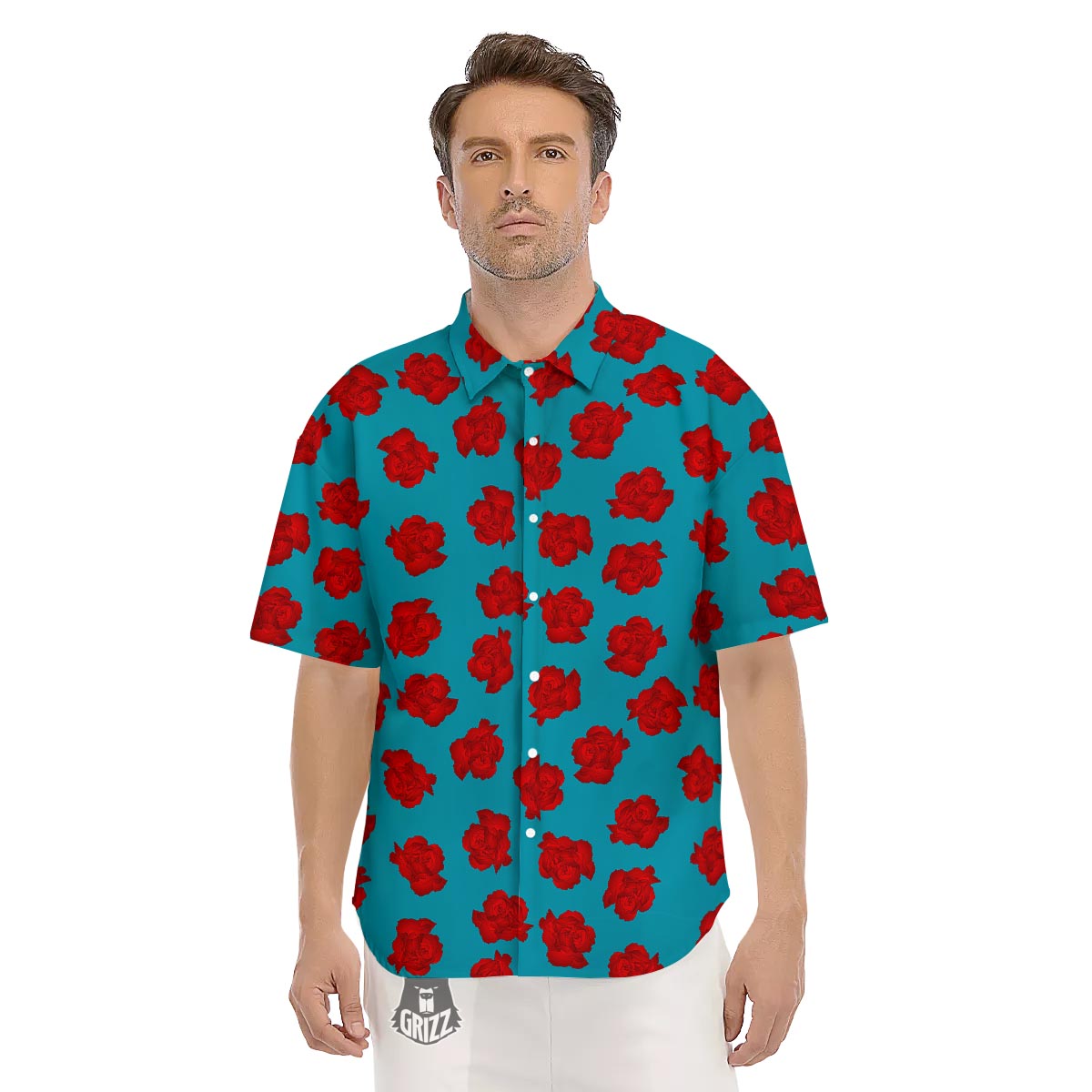 Carnation Blue And Red Print Pattern Men's Short Sleeve Shirts-grizzshop