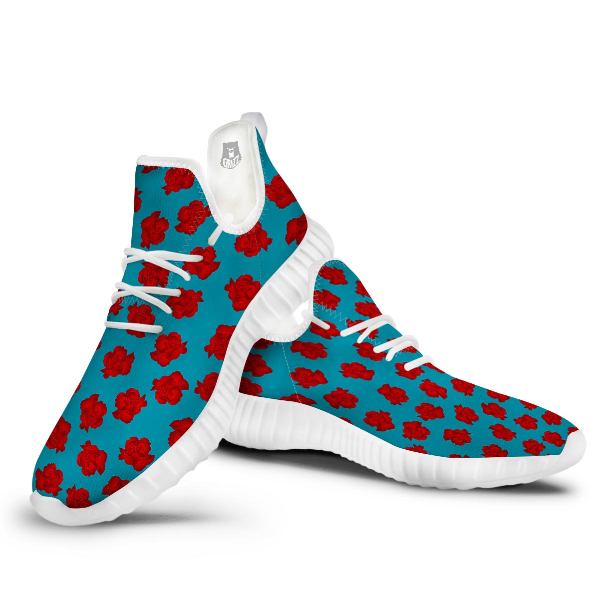 Carnation Blue And Red Print Pattern White Walking Shoes-grizzshop