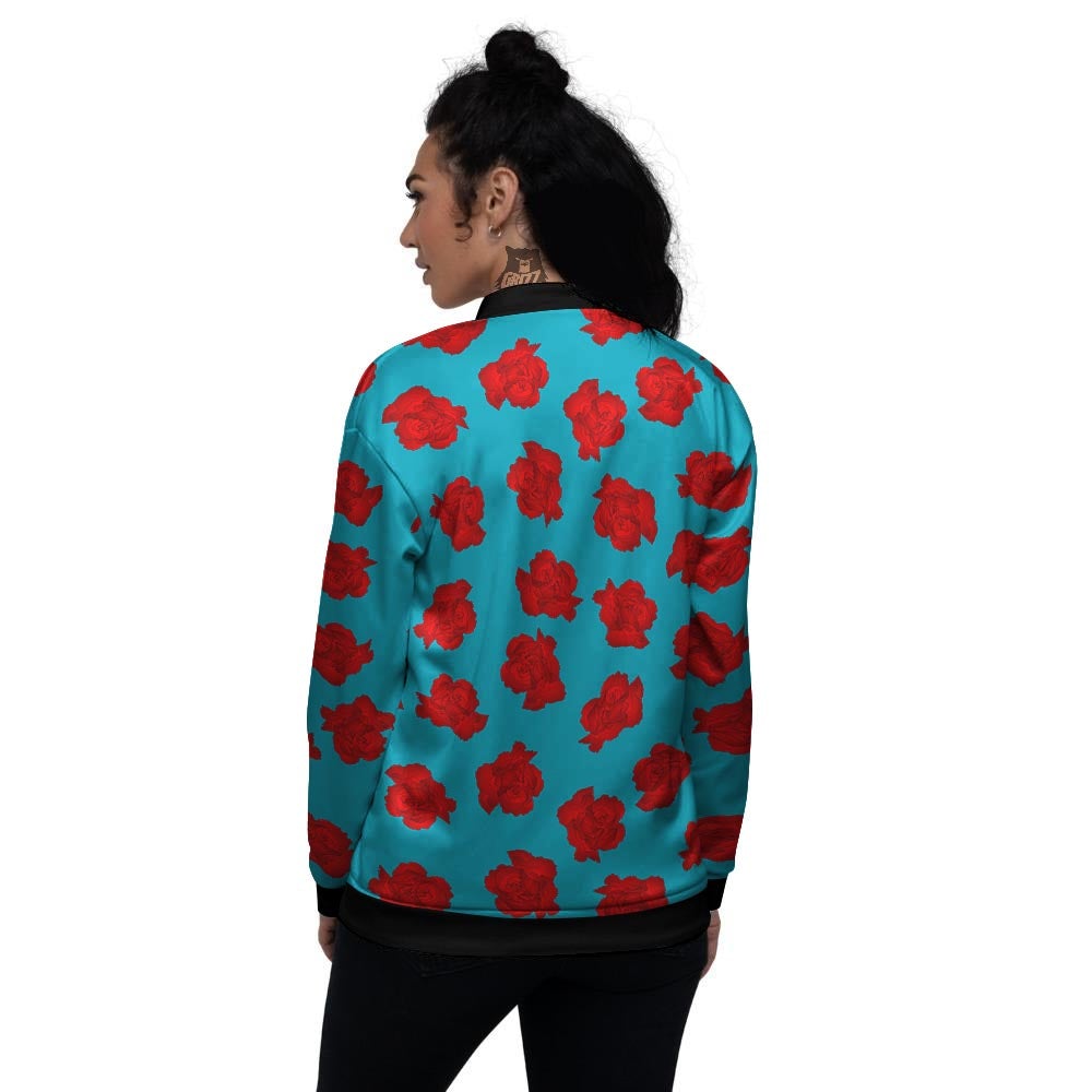 Carnation Blue And Red Print Pattern Women's Bomber Jacket-grizzshop