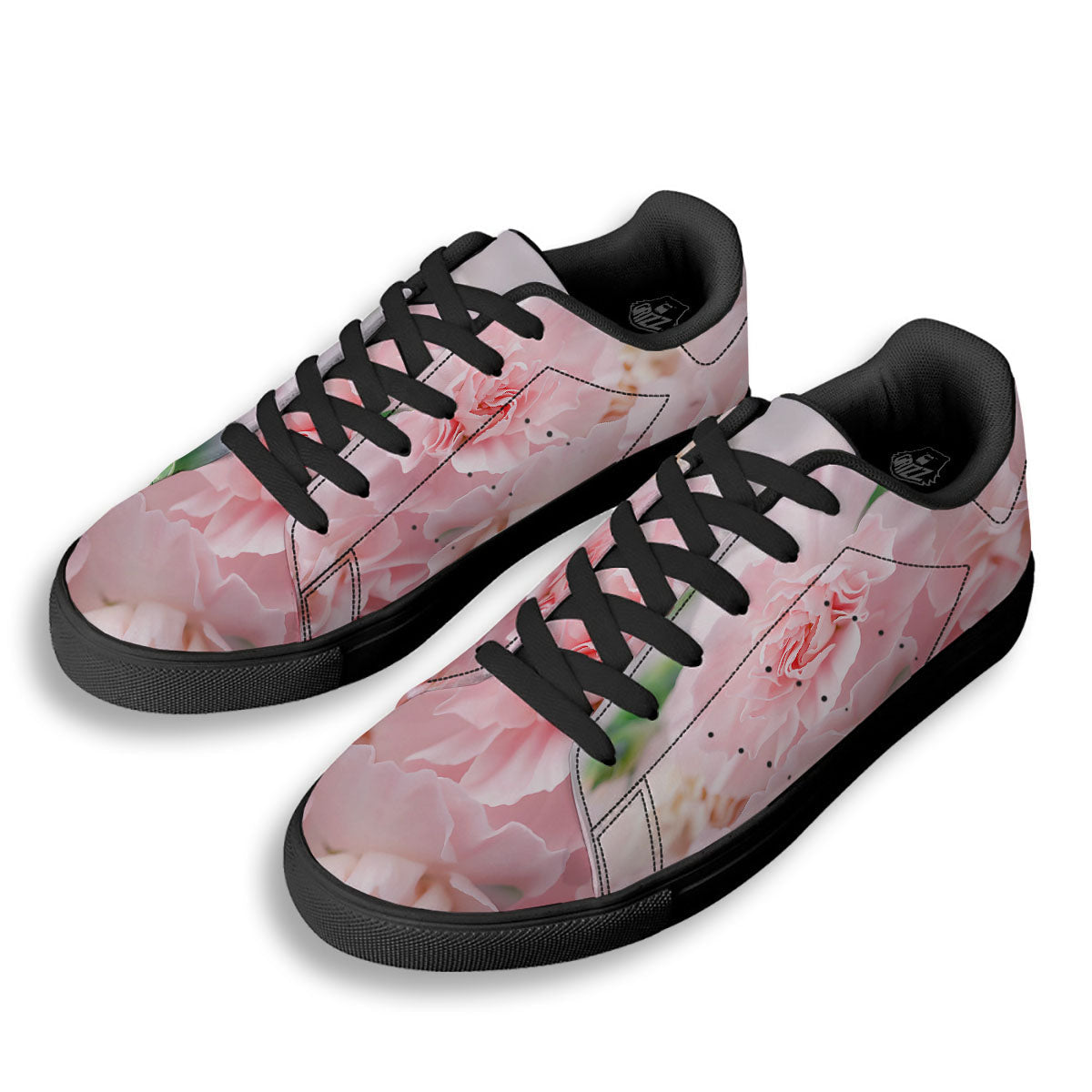 Carnation Flower Pink Print Black Low Top Sneakers-grizzshop