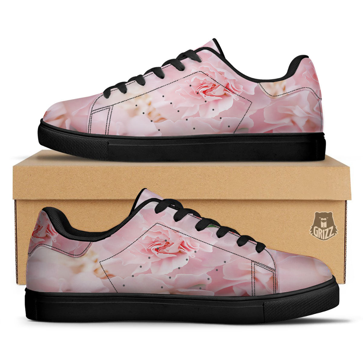 Carnation Flower Pink Print Black Low Top Sneakers-grizzshop