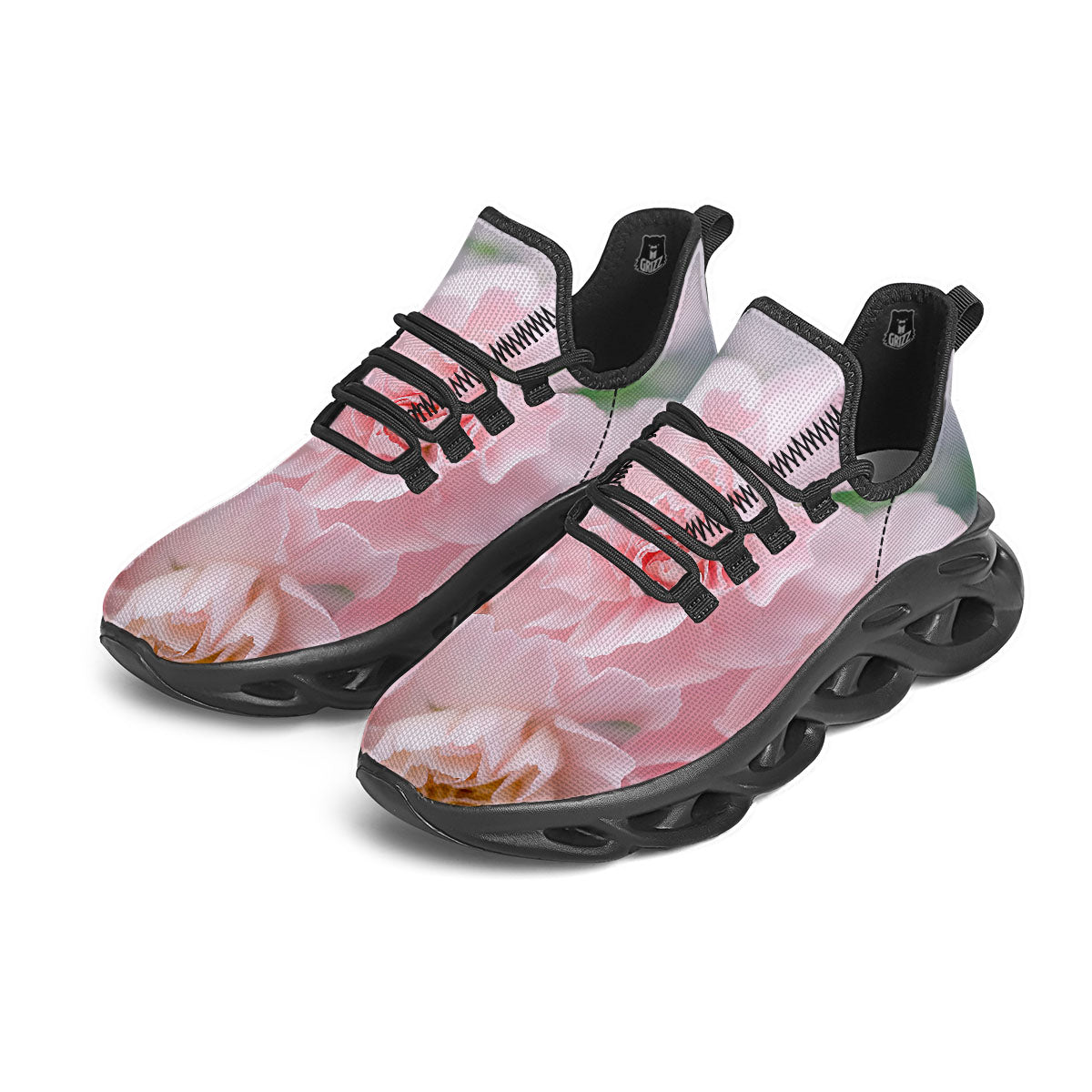 Carnation Flower Pink Print Black Running Shoes-grizzshop