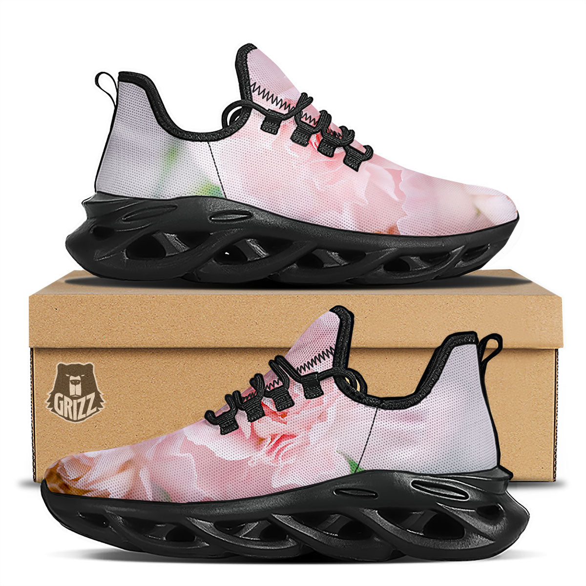 Carnation Flower Pink Print Black Running Shoes-grizzshop