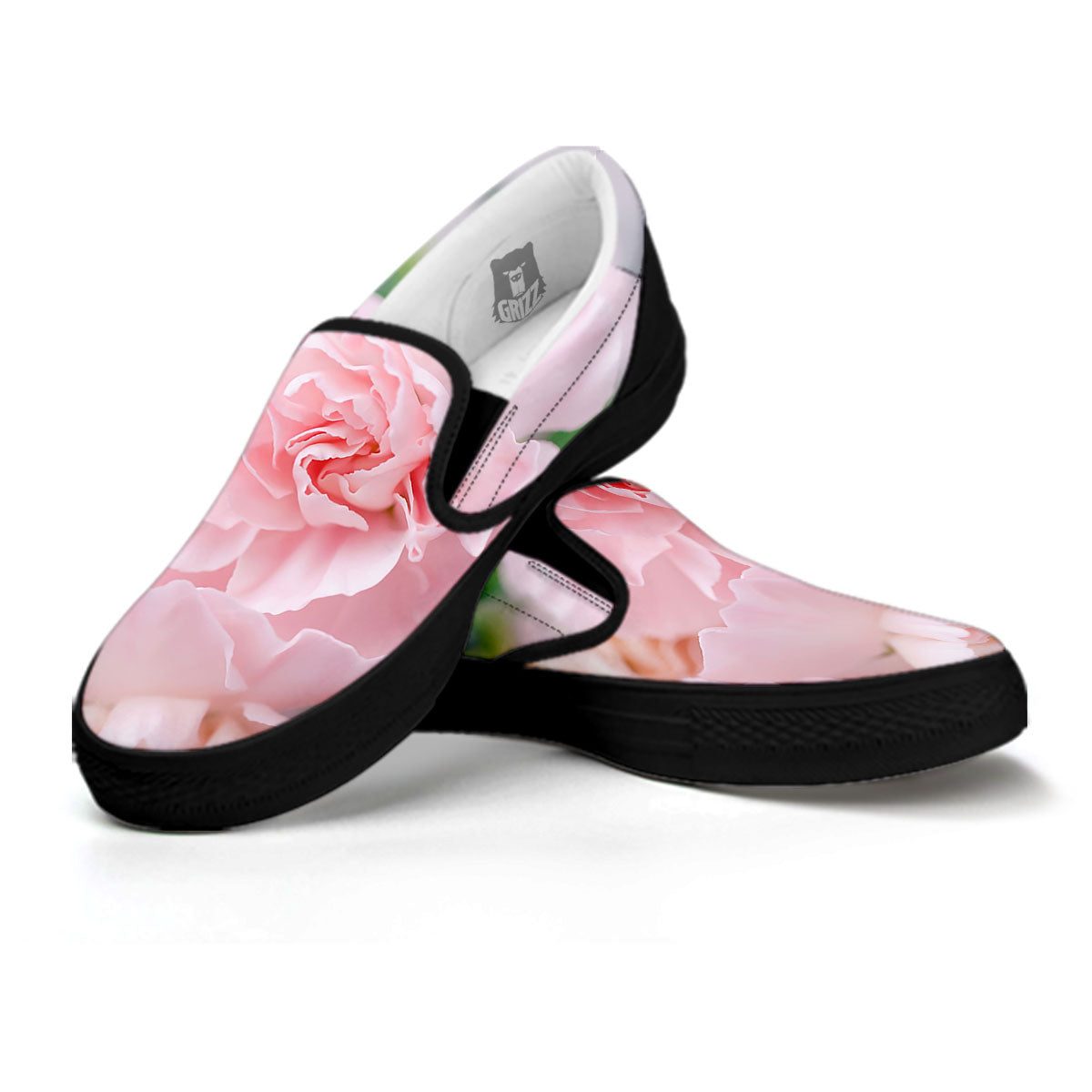 Carnation Flower Pink Print Black Slip On Shoes-grizzshop