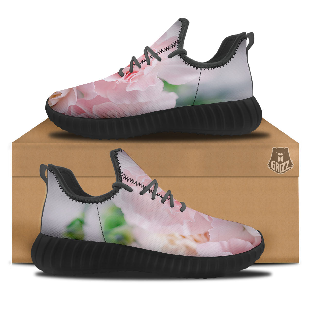 Carnation Flower Pink Print Black Walking Shoes-grizzshop