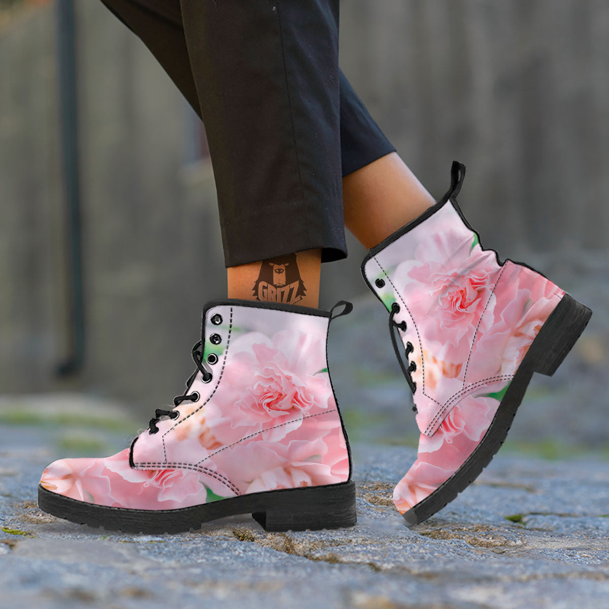Carnation Flower Pink Print Leather Boots-grizzshop