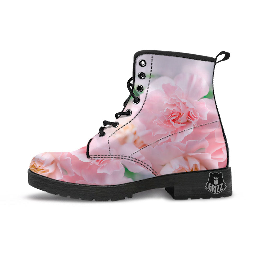 Carnation Flower Pink Print Leather Boots-grizzshop