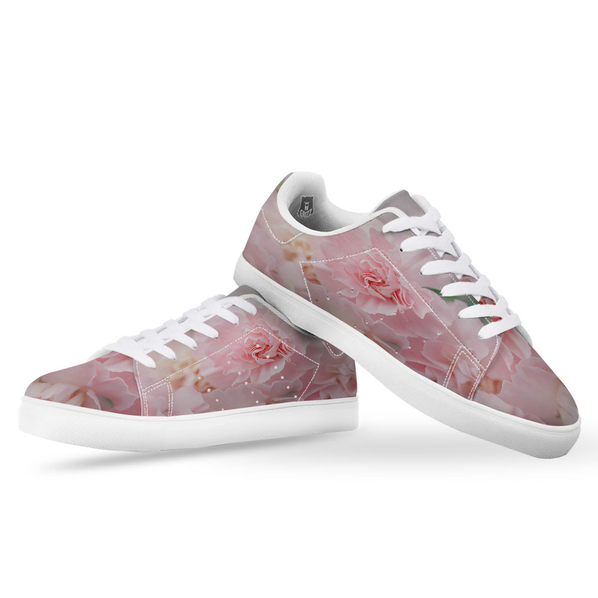Carnation Flower Pink Print White Low Top Sneakers-grizzshop