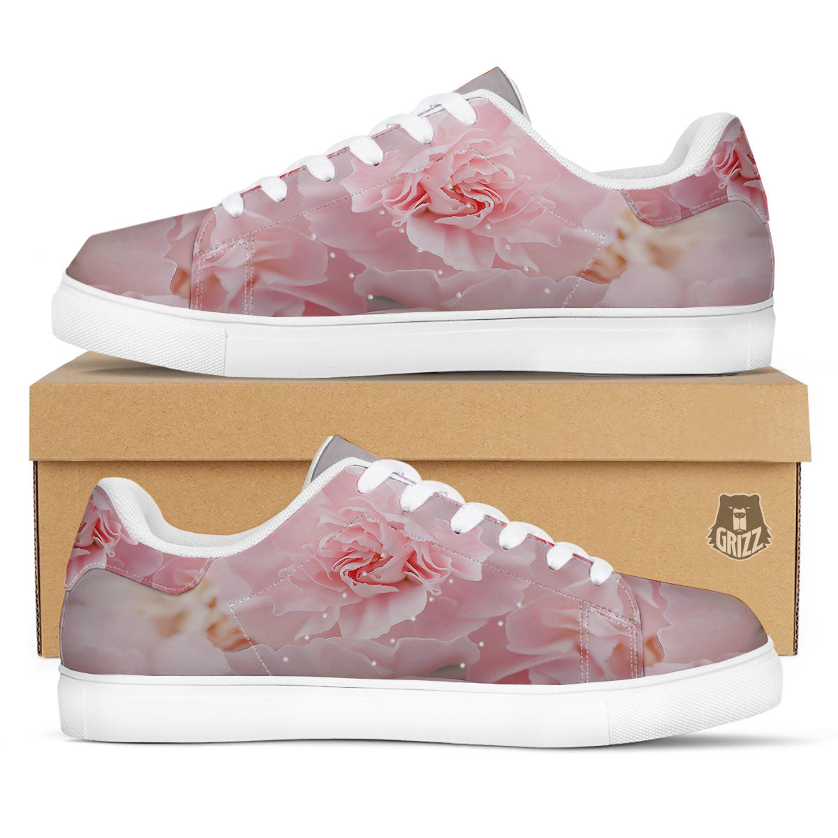Carnation Flower Pink Print White Low Top Sneakers-grizzshop