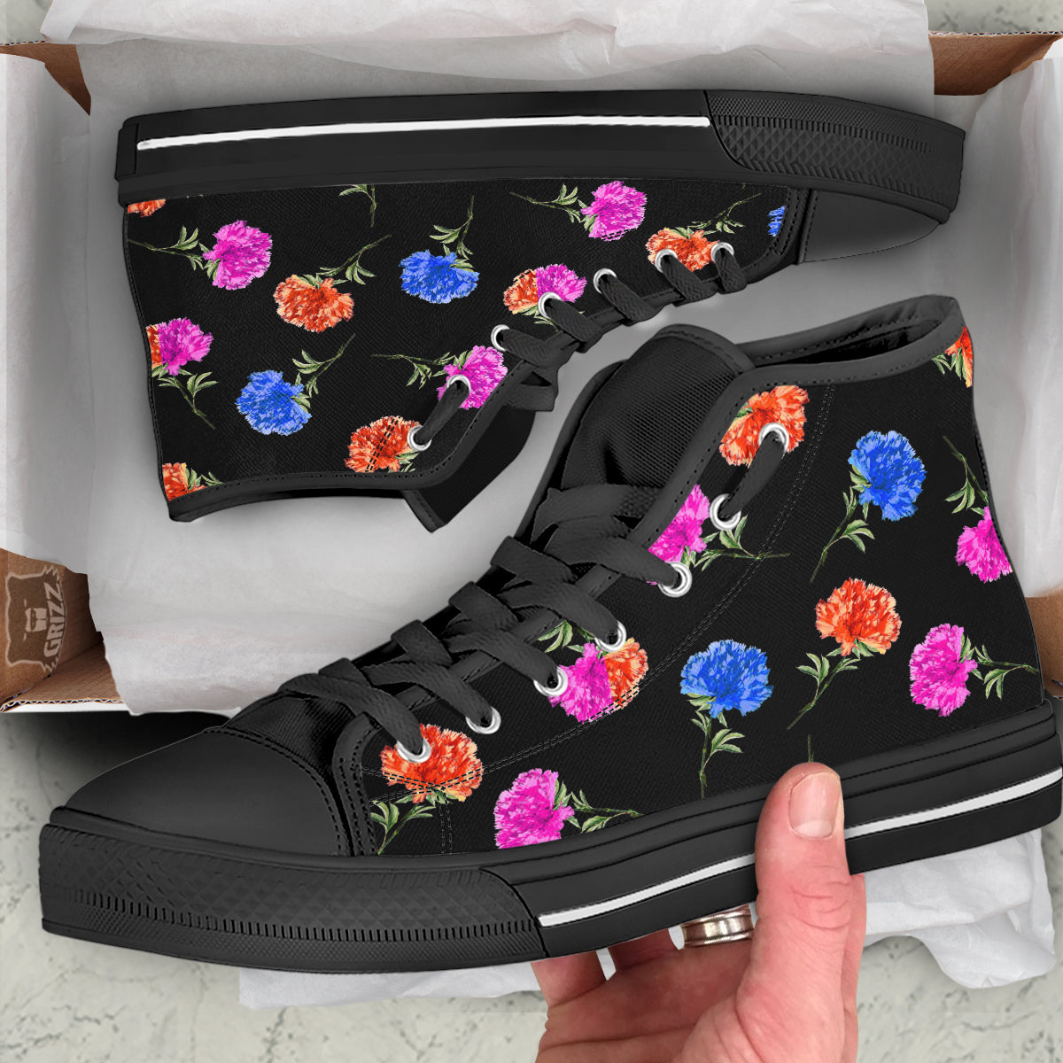 Carnation Watercolor Print Pattern Black High Top Shoes-grizzshop