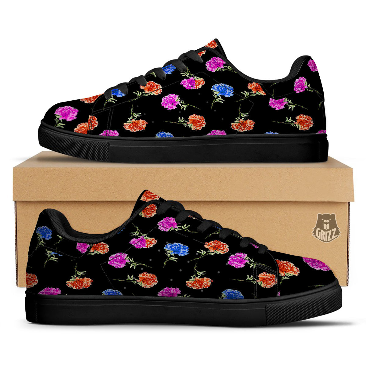 Carnation Watercolor Print Pattern Black Low Top Sneakers-grizzshop