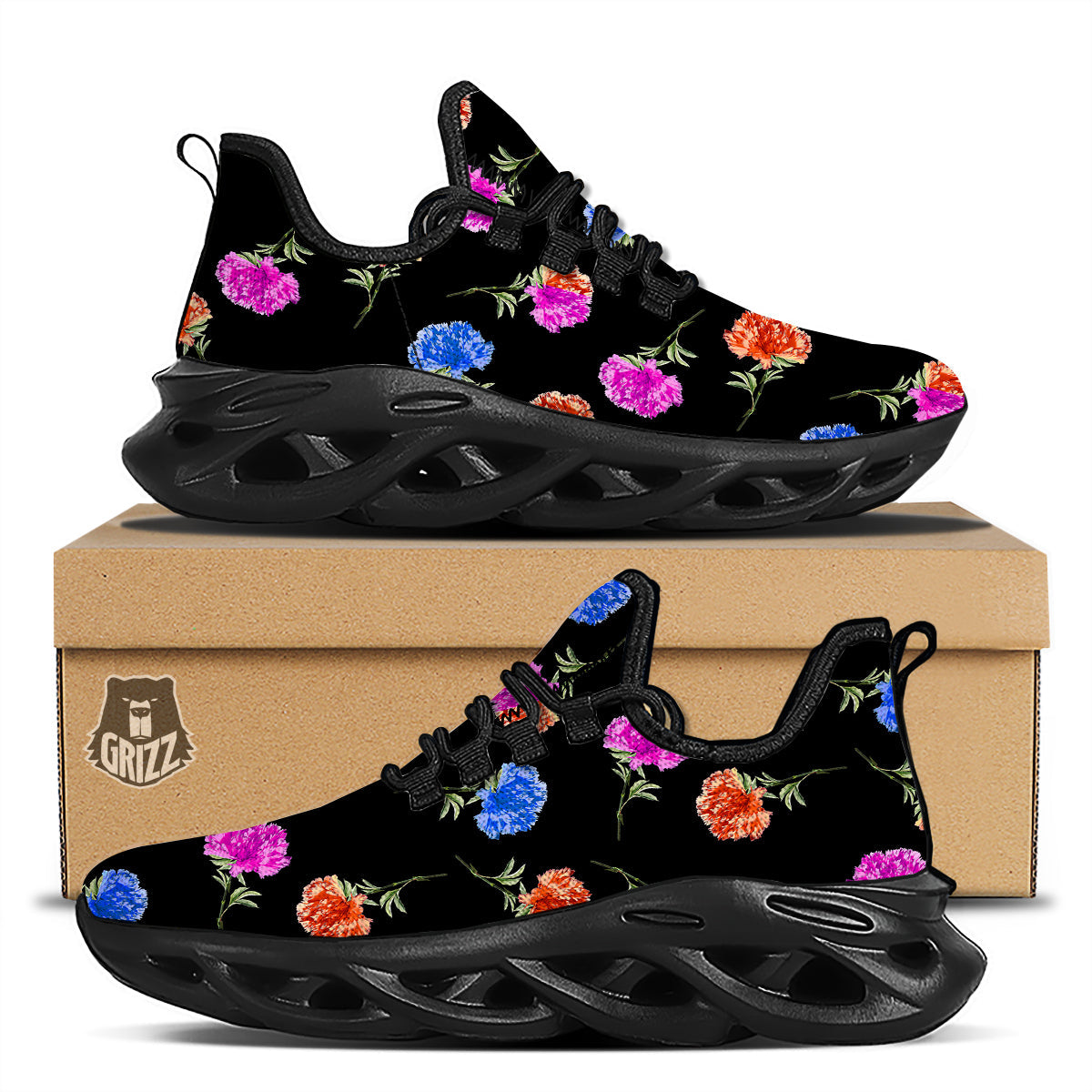 Carnation Watercolor Print Pattern Black Running Shoes-grizzshop