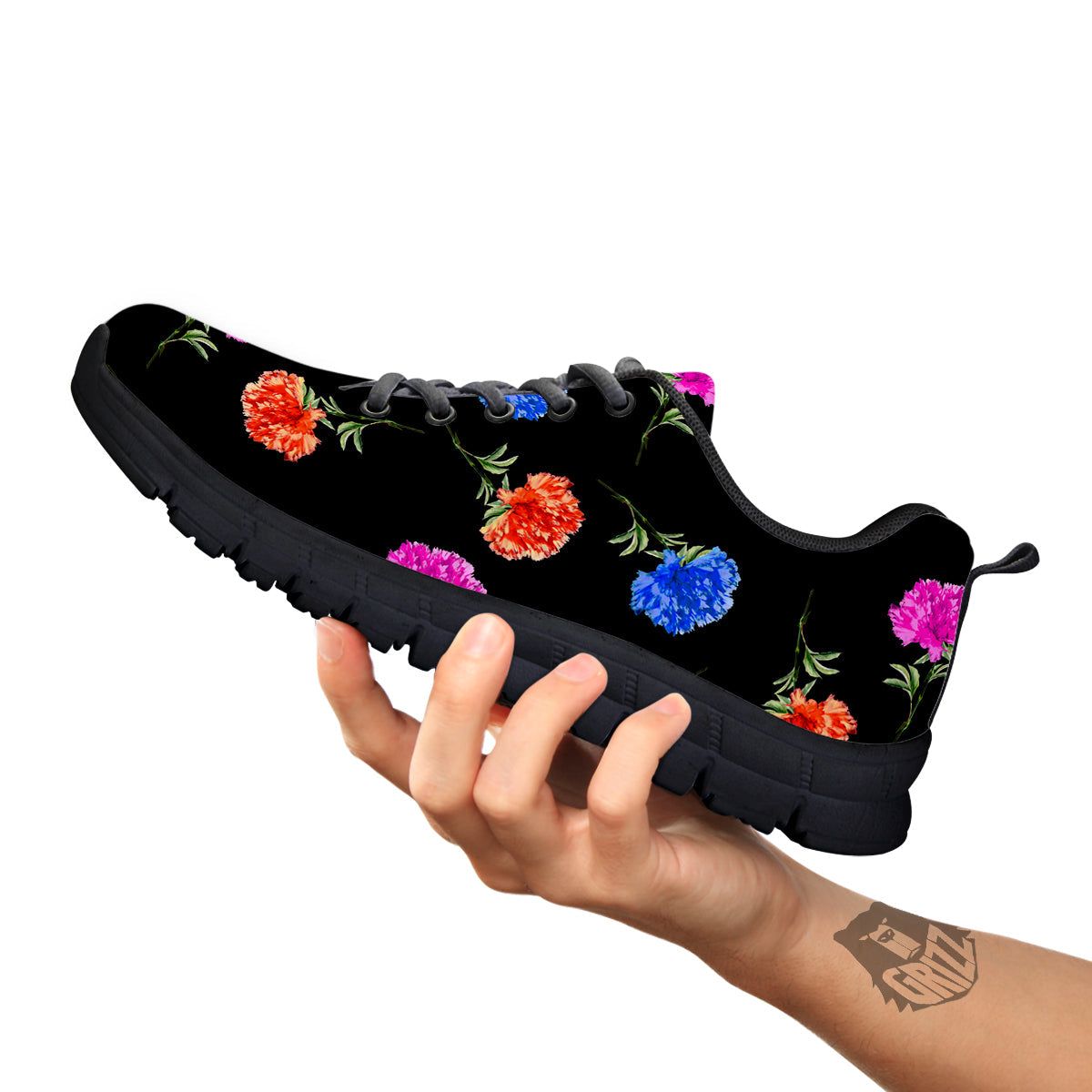 Carnation Watercolor Print Pattern Black Sneaker-grizzshop