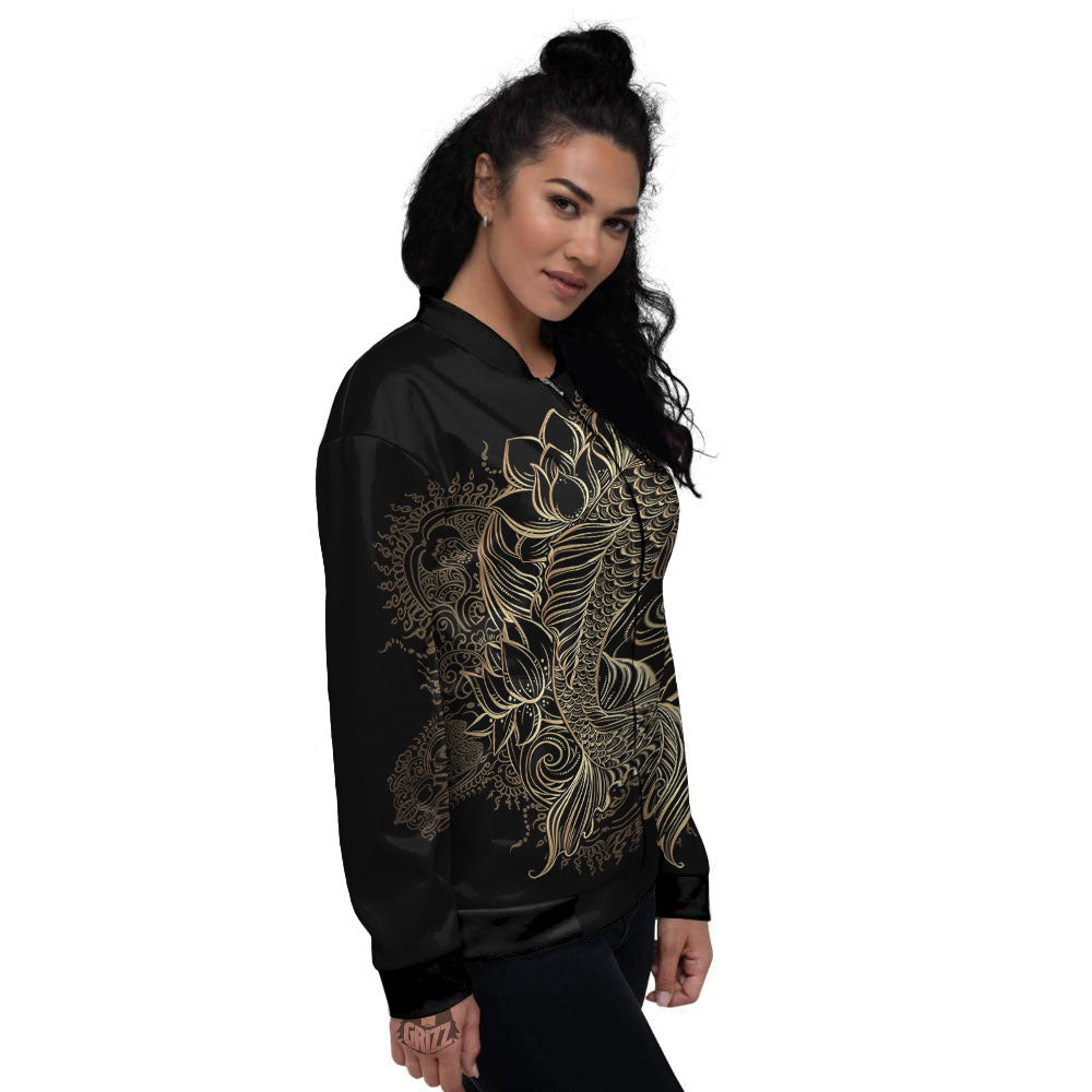 Carp Koi Fish Gold Print Women's Bomber Jacket-grizzshop