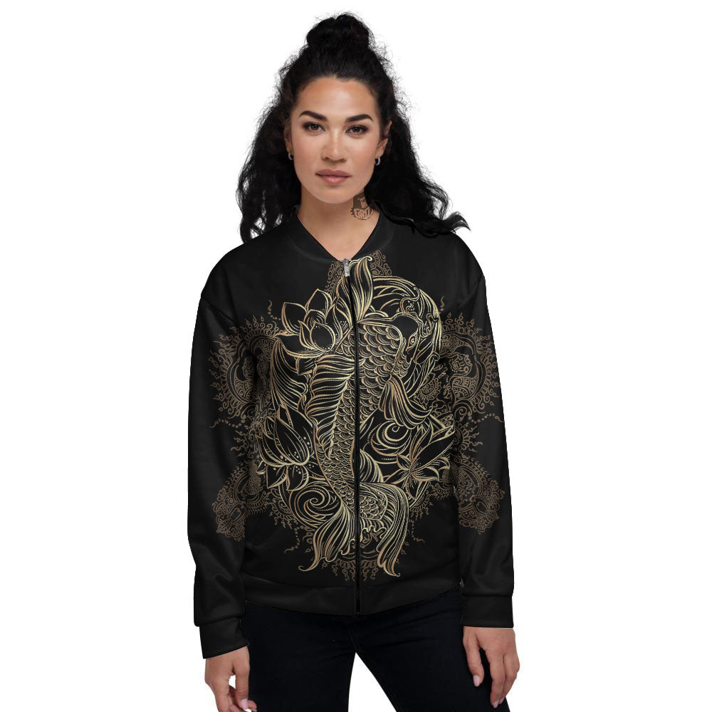 Carp Koi Fish Gold Print Women's Bomber Jacket-grizzshop
