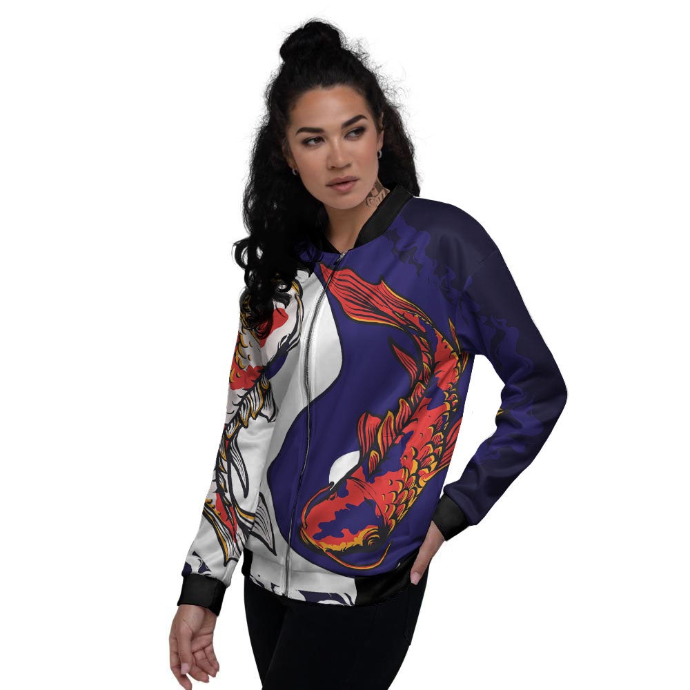 Carp Koi Fish Yin And Yang Print Women's Bomber Jacket-grizzshop