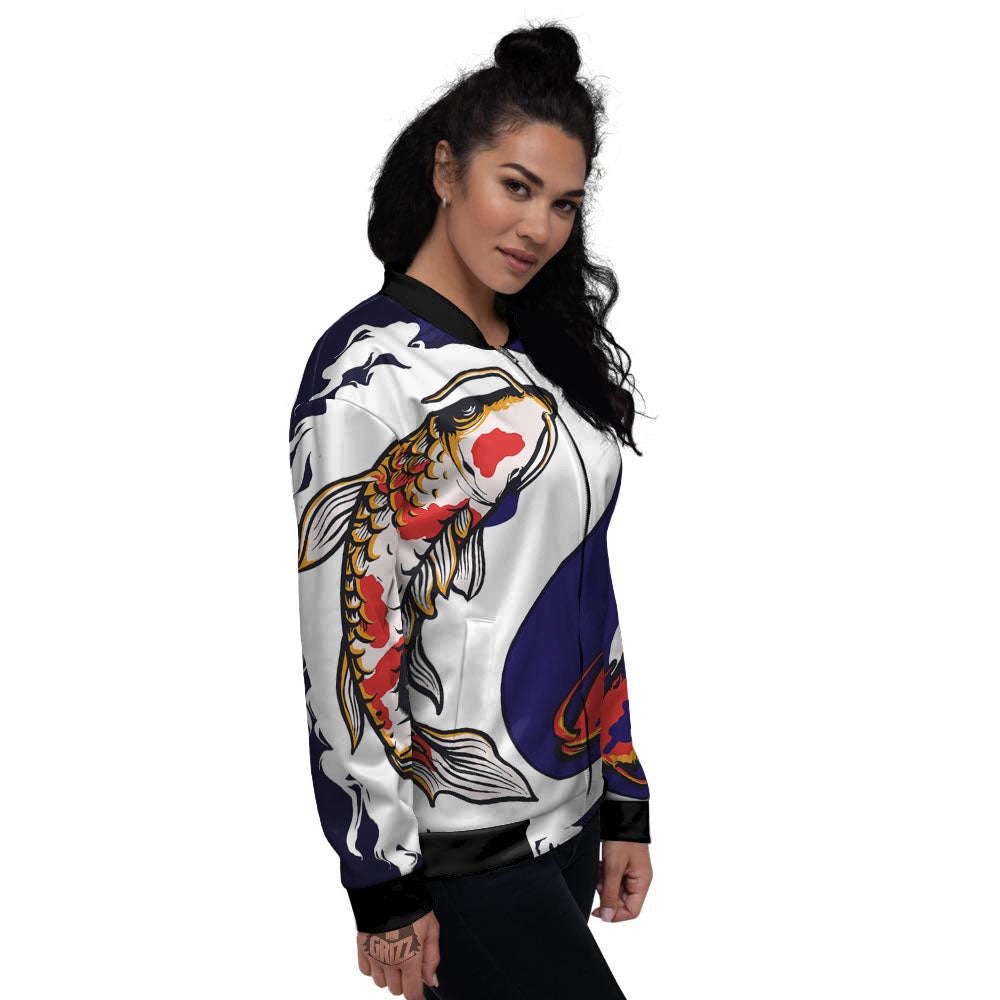 Carp Koi Fish Yin And Yang Print Women's Bomber Jacket-grizzshop