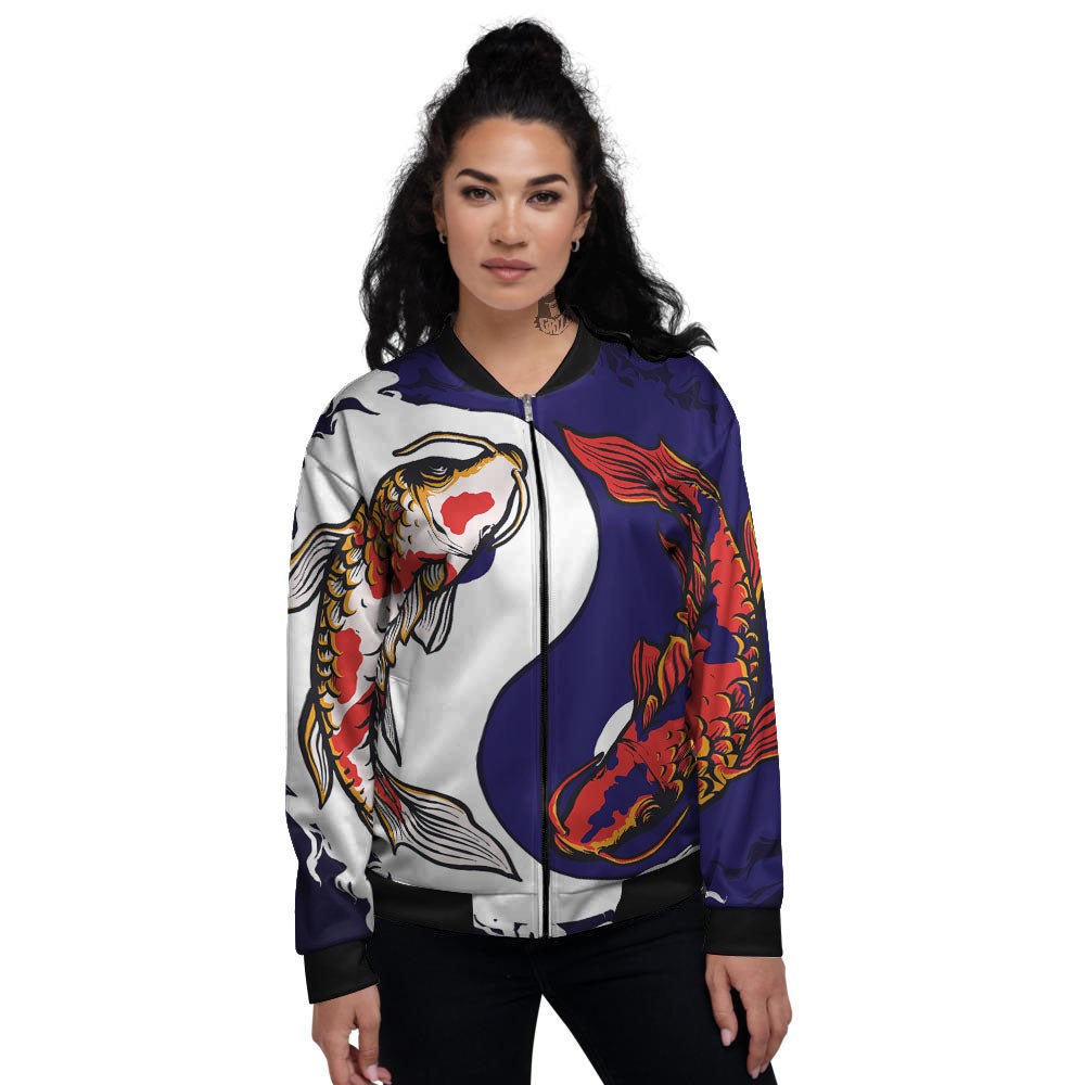 Carp Koi Fish Yin And Yang Print Women's Bomber Jacket-grizzshop
