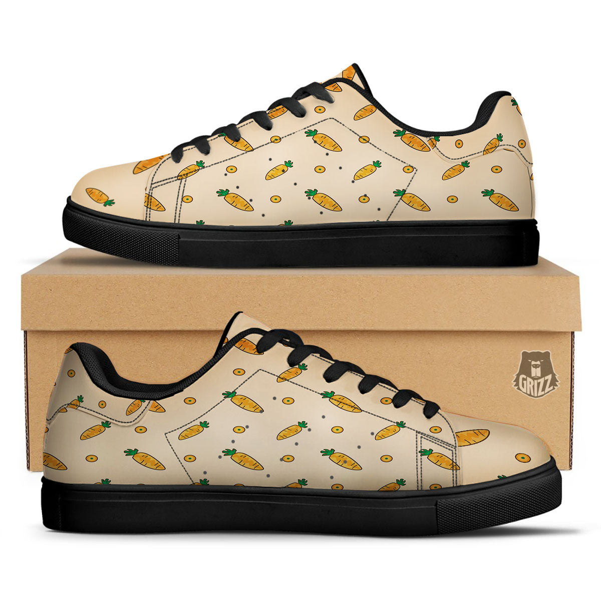 Carrot Little Print Pattern Black Low Top Sneakers-grizzshop