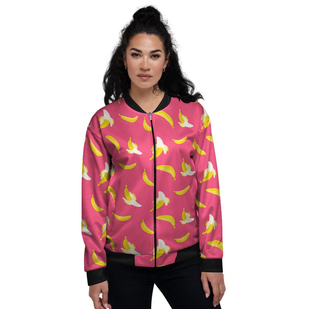 Cartoon Banana Pink Print Pattern Women's Bomber Jacket-grizzshop