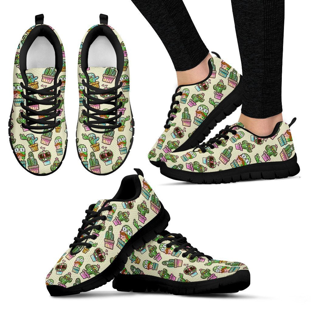 Cartoon Cactus Pattern Print Black Sneaker Shoes For Men Women-grizzshop