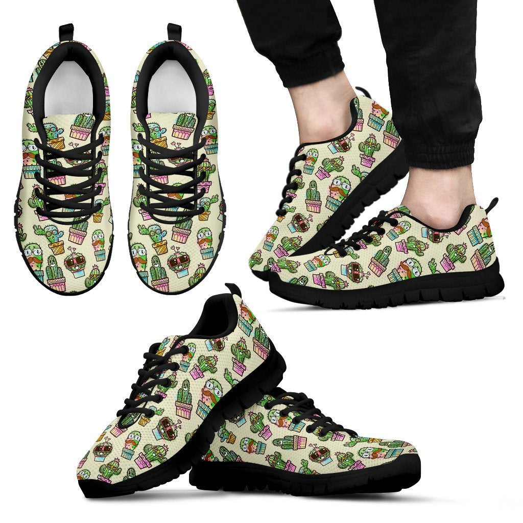 Cartoon Cactus Pattern Print Black Sneaker Shoes For Men Women-grizzshop